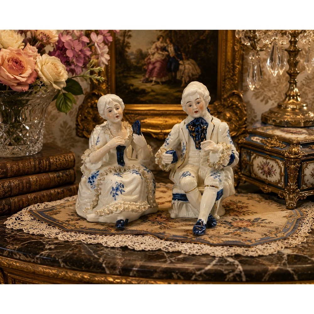 Vintage Blue and White Porcelain Victorian Couple Figurines Gold Gilt Set of 2 - Picture 2 of 16